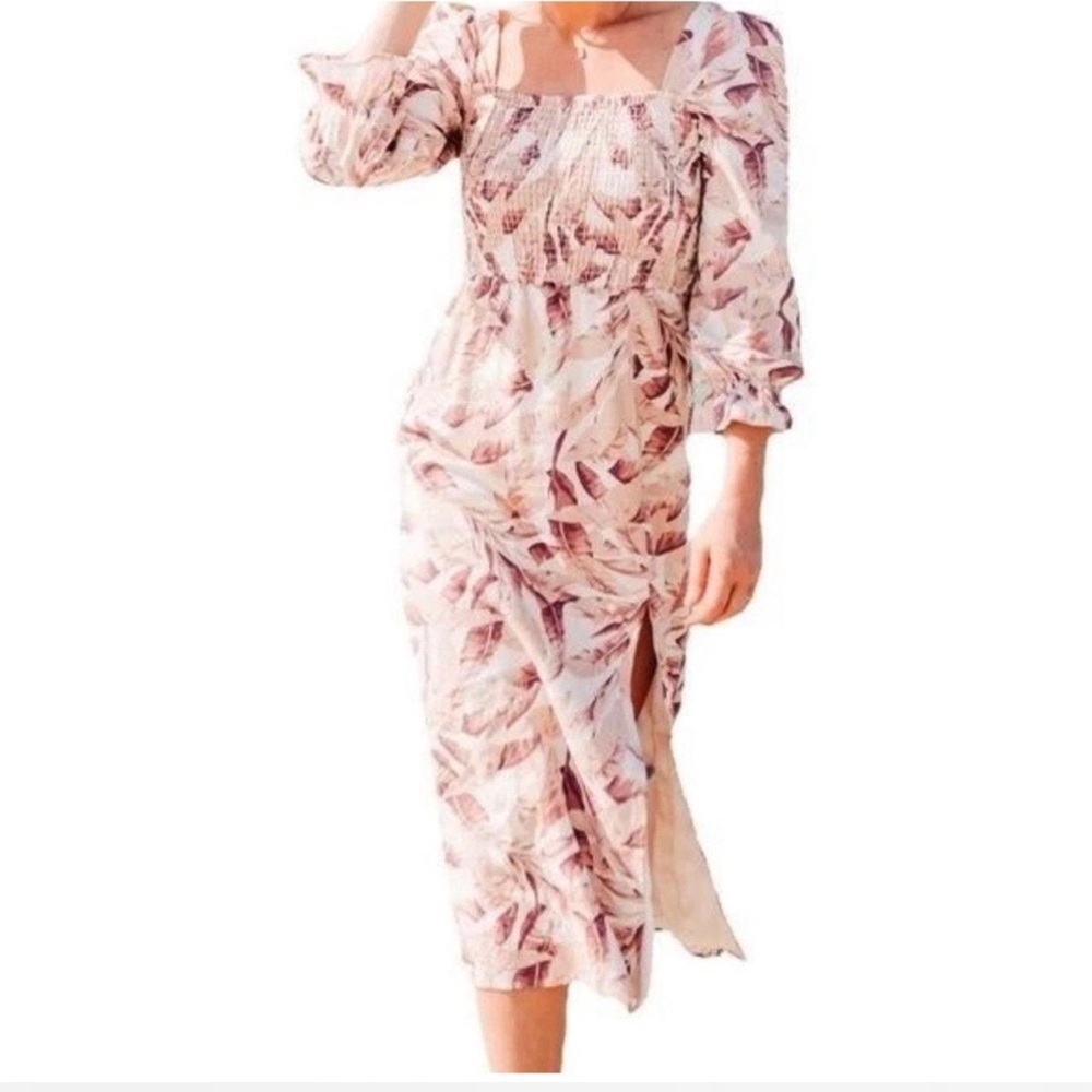 House of Harlow 1960 Linen Smocked Pink Palm Midi Dress Bishop Sleeve Size Small